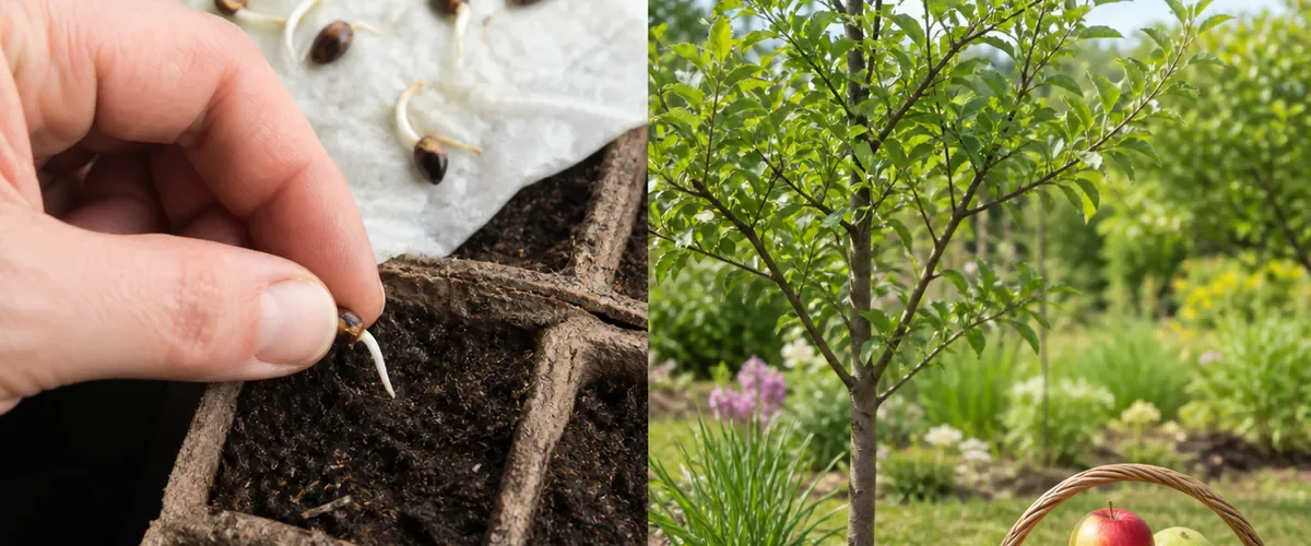 Photorealistic before-and-after gardening scene with a hand placing chilled sprouted apple seeds from a damp labeled packet into small pots before one healthy young apple tree stands beside varied realistic apples showing unpredictable fruit