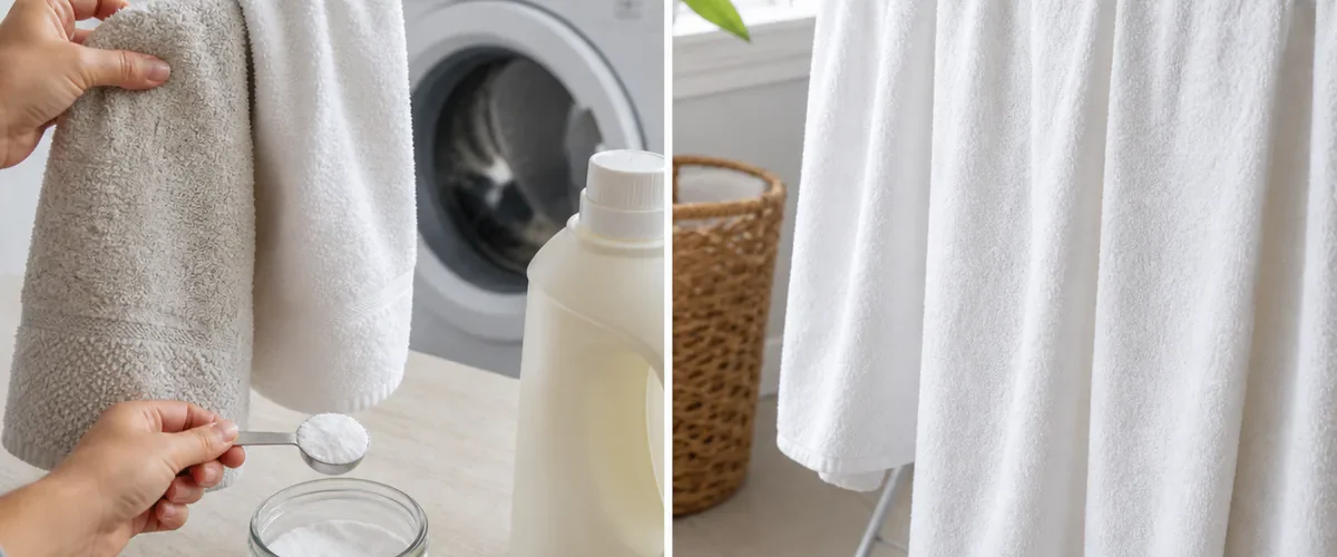 Photorealistic before-and-after laundry with a hand measuring a small washer-safe amount of baking soda beside stiff gray towels before correctly washed white towels look clean soft and fully dry