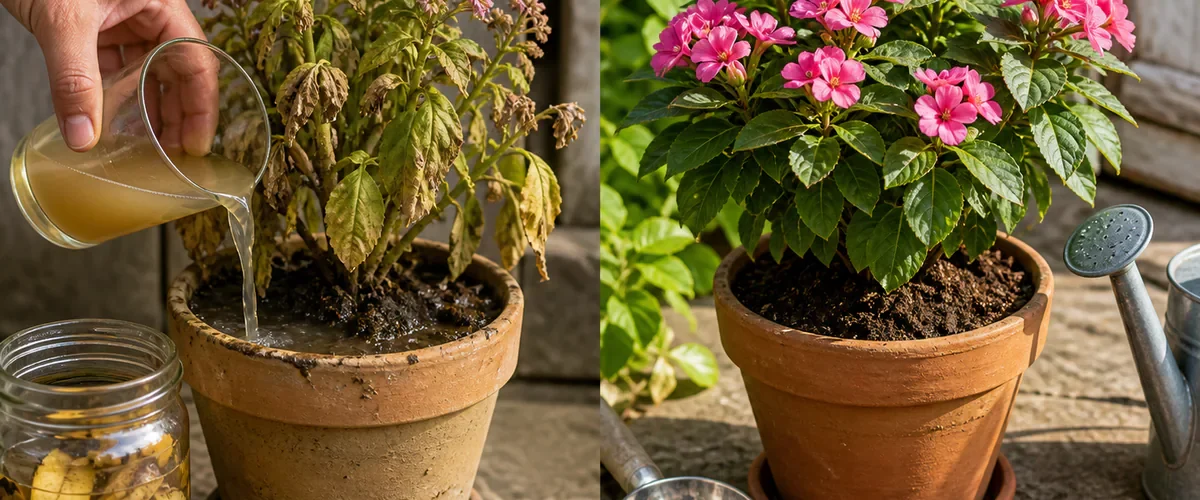 Photorealistic before-and-after flowering plant with a hand pouring murky banana peel water onto tired wet roots before the plant grows healthy leaves and a believable flower flush with good drainage compost and measured fertilizer