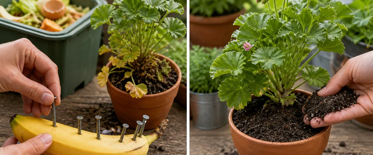 Photorealistic before-and-after garden scene with a hand pushing clean nails through a banana beside a weak potted plant before finished compost is added and the plant shows believable healthy new leaves