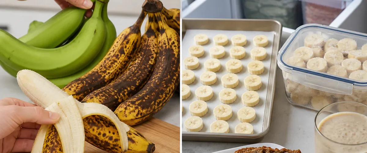 Photorealistic before-and-after kitchen with a hand separating green bananas from ripe spotted fruit before peeled slices are tray-frozen and stored in a dated freezer container beside a smoothie and banana bread