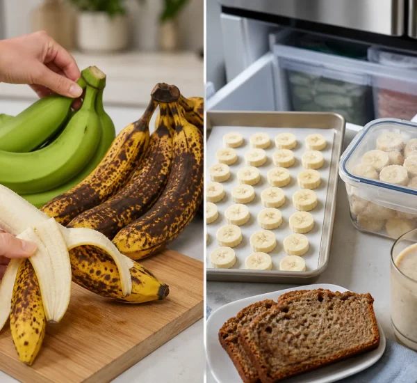 Photorealistic before-and-after kitchen with a hand separating green bananas from ripe spotted fruit before peeled slices are tray-frozen and stored in a dated freezer container beside a smoothie and banana bread