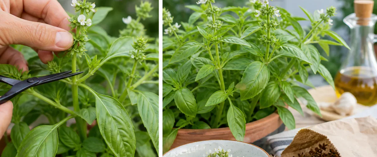 Photorealistic before-and-after herb garden with a hand pinching one basil flower spike above a leafy fork before separate remaining stems show edible blossoms, a visiting bee, and dry seed heads collected into a paper bag