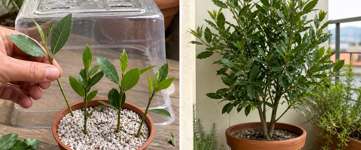 Photorealistic before-and-after balcony propagation scene with a hand preparing several semi-ripe culinary bay laurel cuttings in airy draining mix before one rooted cutting grows into a modest healthy container tree with glossy leaves