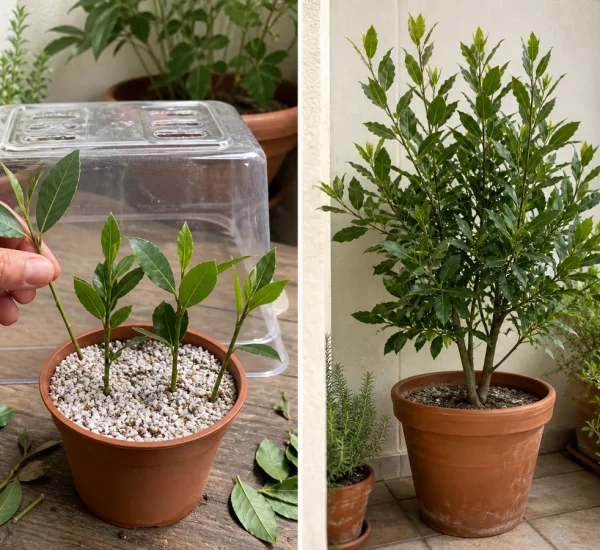 Photorealistic before-and-after balcony propagation scene with a hand preparing several semi-ripe culinary bay laurel cuttings in airy draining mix before one rooted cutting grows into a modest healthy container tree with glossy leaves