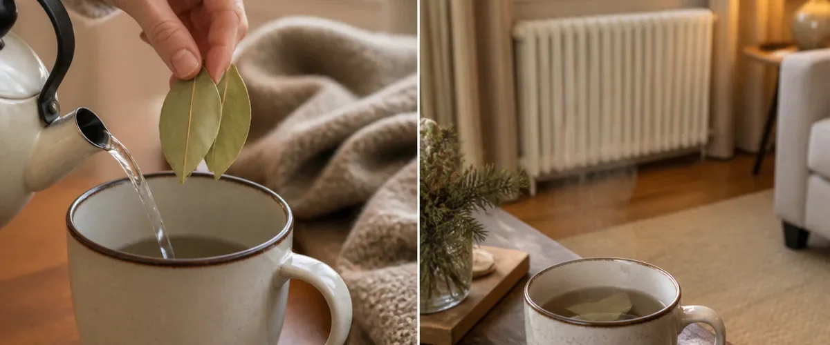 Photorealistic before-and-after winter room with a hand placing two dried bay leaves into a heatproof mug of hot water safely away from a radiator before the clean cozy room feels warm and inviting