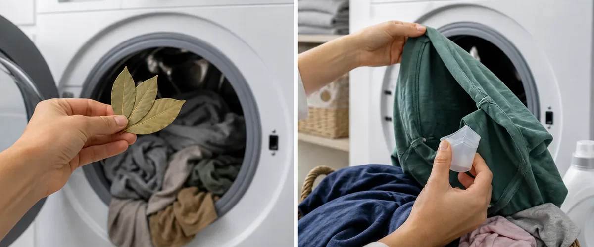 Photorealistic before-and-after laundry room with a hand stopping three dried bay leaves above an open washer before sorted inside-out colored clothes are washed cool and emerge clean with their existing color protected