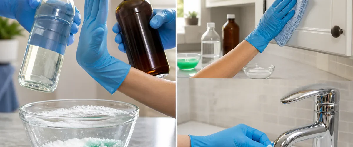 Photorealistic before-and-after cleaning scene with a gloved hand stopping separate vinegar and peroxide bottles from entering one bowl before dish soap safely removes kitchen grease and a separate descaler clears bathroom limescale