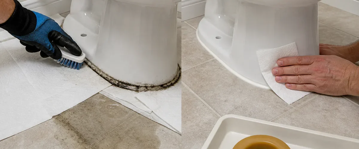 Photorealistic before-and-after toilet base with a gloved hand scrubbing a black caulk ring while fresh paper towels reveal a wet leak before qualified seal repair leaves clean caulk and dry tissue
