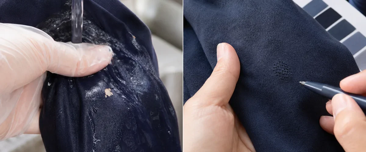 Photorealistic before-and-after dark cotton shirt with a gloved hand rinsing a fresh pale bleach splash under cool water before the dry small mark is carefully color matched and reinforced with a neat fabric repair