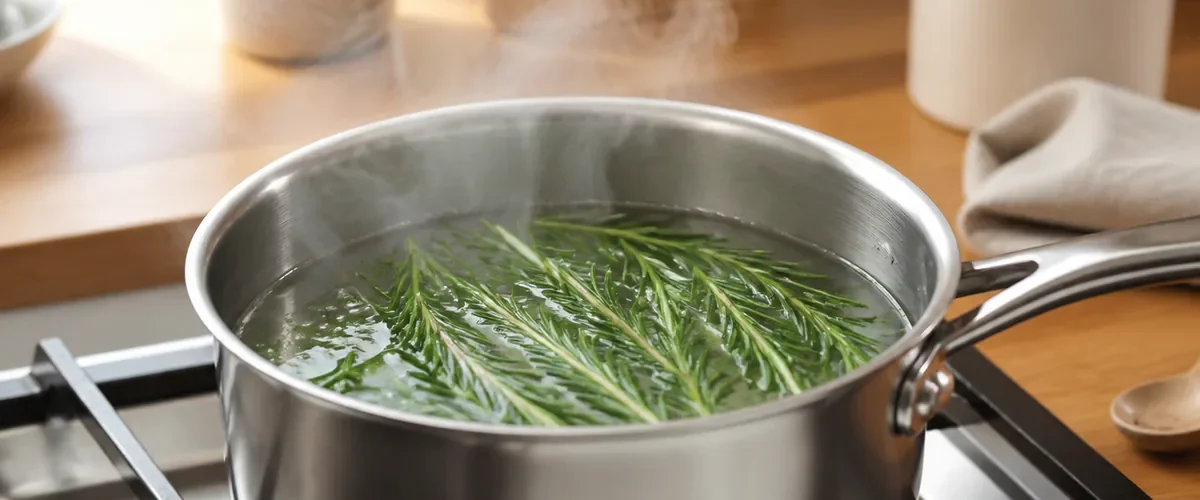 Fresh rosemary sprigs gently simmering in a saucepan on a kitchen stove