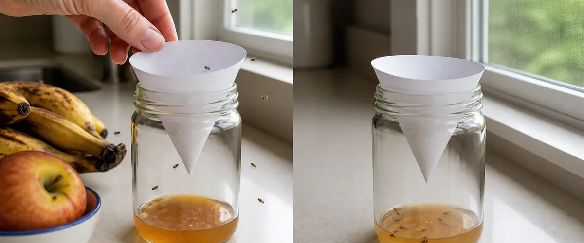 Photorealistic before-and-after fruit-fly trap with a hand placing a paper funnel into a vinegar jar near overripe fruit before several realistic small flies are caught and the kitchen source is cleaned
