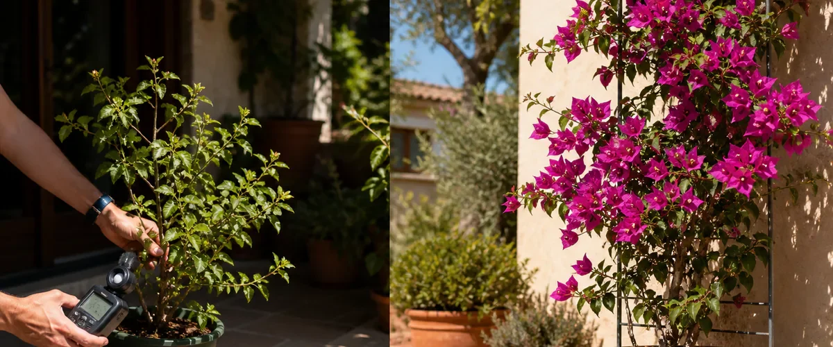 Photorealistic before-and-after bougainvillea care with a hand moving a leafy shaded pot into stronger direct sun before the mature supported vine develops a realistic colorful bract display
