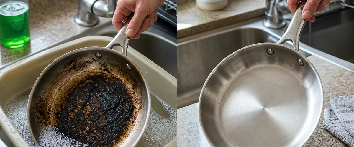 Photorealistic before-and-after burned stainless steel pan with a hand lowering the cool blackened pan into warm soapy water before the same pan appears clean and naturally used