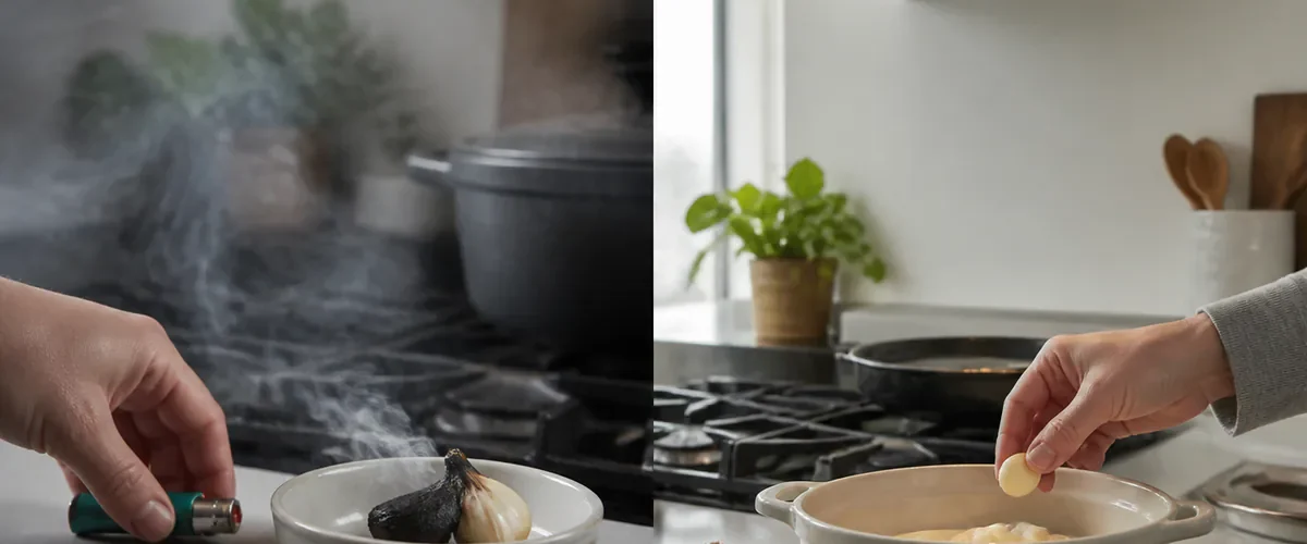 Photorealistic before-and-after kitchen with a hand setting a lighter away from a smoking black garlic clove before safely placing fresh cloves in a covered oven dish as the ventilated room stays clear