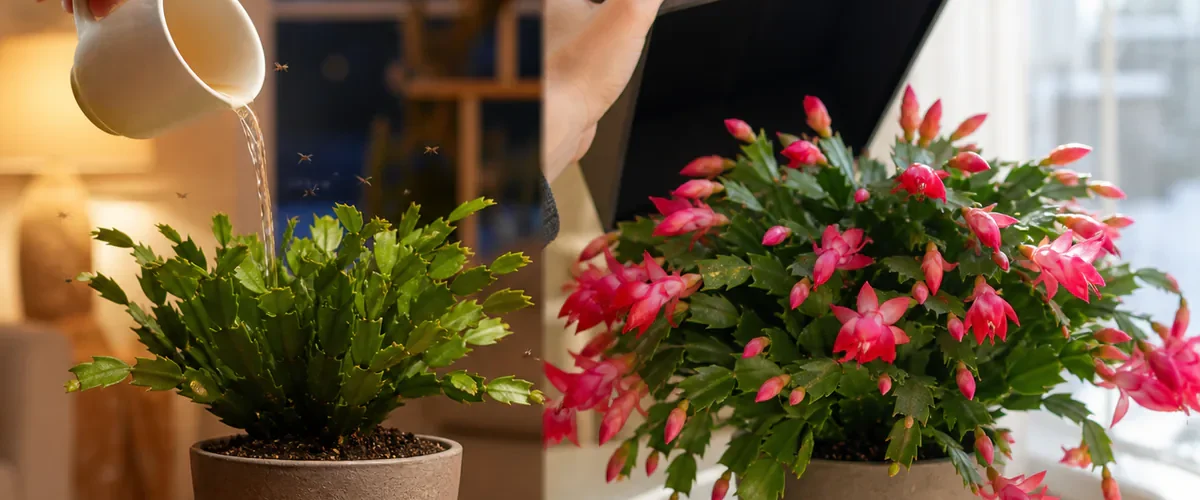 Photorealistic before-and-after Christmas cactus with a hand adding sugar water to a budless plant before the same botanically accurate holiday cactus blooms heavily after six weeks of long cool nights under a removable dark box