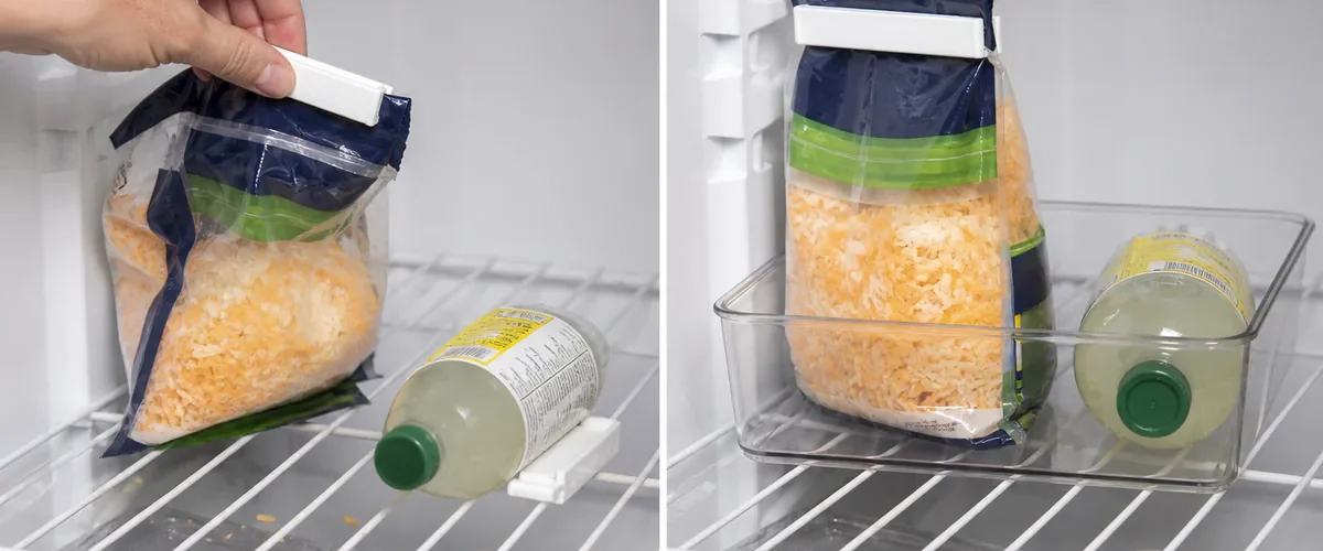 Photorealistic before-and-after refrigerator shelf with a hand clipping a folded open food bag and placing a second clean clip beside a lightweight bottle on a sturdy wire shelf before the organized result with the door seal clear
