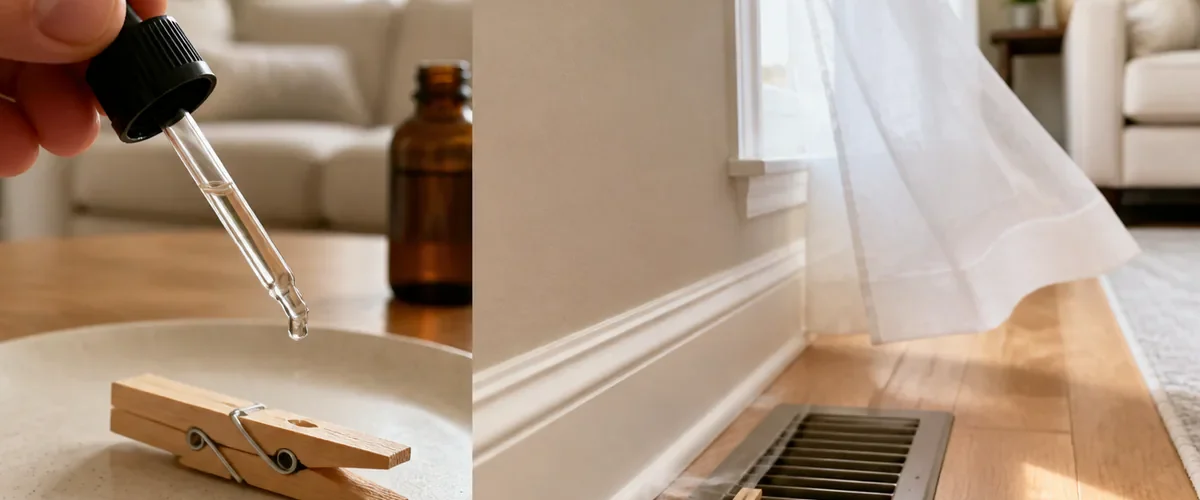 Photorealistic before-and-after home vent with a hand adding one fragrance drop to a wooden clothespin on a plate before the dry pin is clipped outside a cool supply register in a clean inviting room