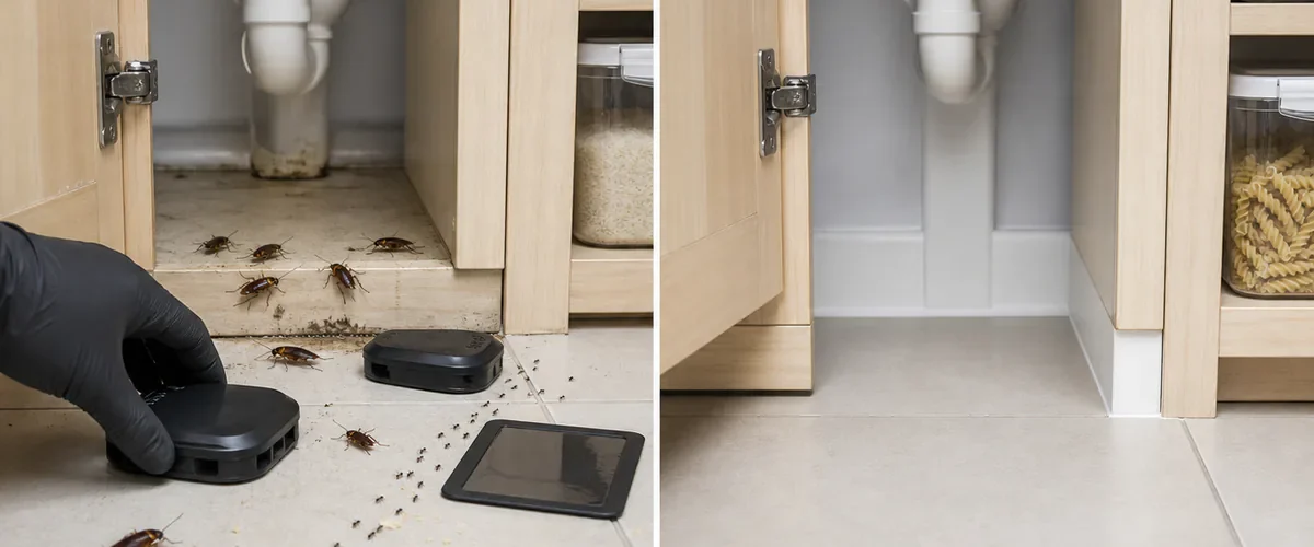 Photorealistic before-and-after kitchen baseboard with several realistic cockroaches near a damp pipe and a separate visible ant trail toward crumbs while a gloved hand places two closed pest-specific bait stations before the dry sealed kitchen is clean