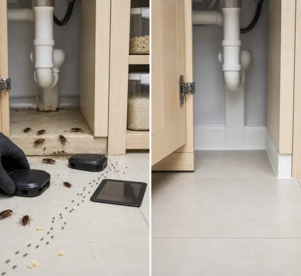 Photorealistic before-and-after kitchen baseboard with several realistic cockroaches near a damp pipe and a separate visible ant trail toward crumbs while a gloved hand places two closed pest-specific bait stations before the dry sealed kitchen is clean