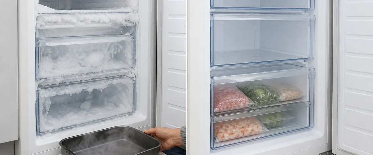 Photorealistic before-and-after freezer with a hand placing a pan of hot water on a folded towel inside an unplugged frost-filled compartment before the same appliance appears clean dry and frost-free