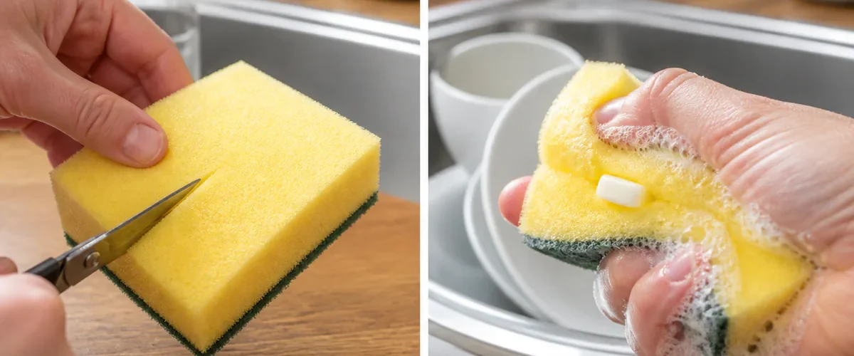 Photorealistic before-and-after kitchen sink scene with a hand making one shallow slit in the soft side of a new dish sponge before a small clean solid dish-soap sliver sits securely inside the pocket while the sponge creates a light lather