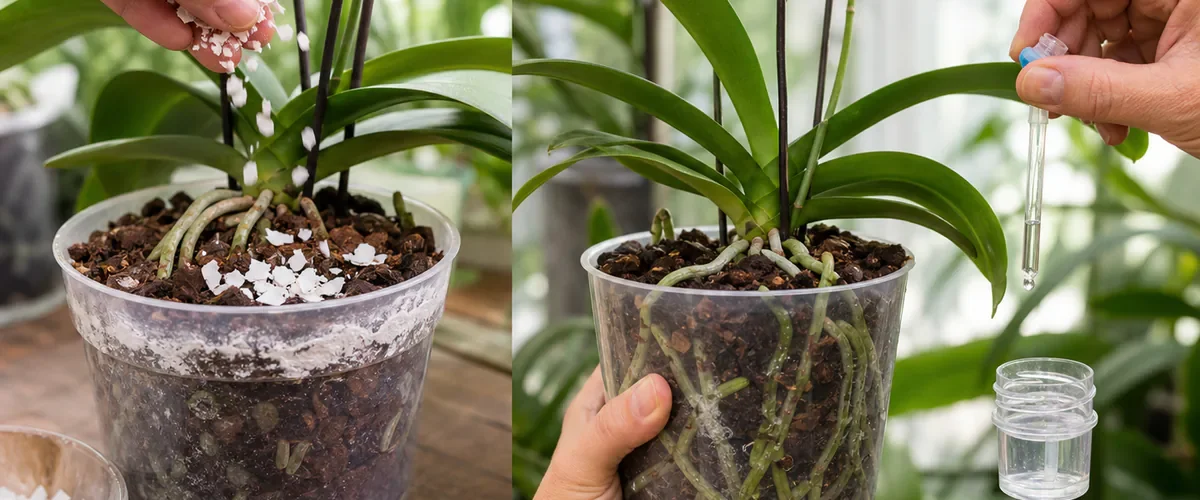 Photorealistic before-and-after orchid feeding with a hand sprinkling eggshell powder over bark that develops white alkaline crust before flushing the pot and using measured orchid fertilizer beside a healthy new spike