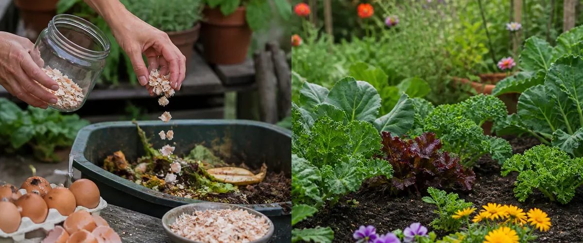 Photorealistic before-and-after garden workbench with a hand rinsing drying and crushing clean eggshells for a compost container before healthy compost and a modest thriving garden appear without shells in drains or plant rings