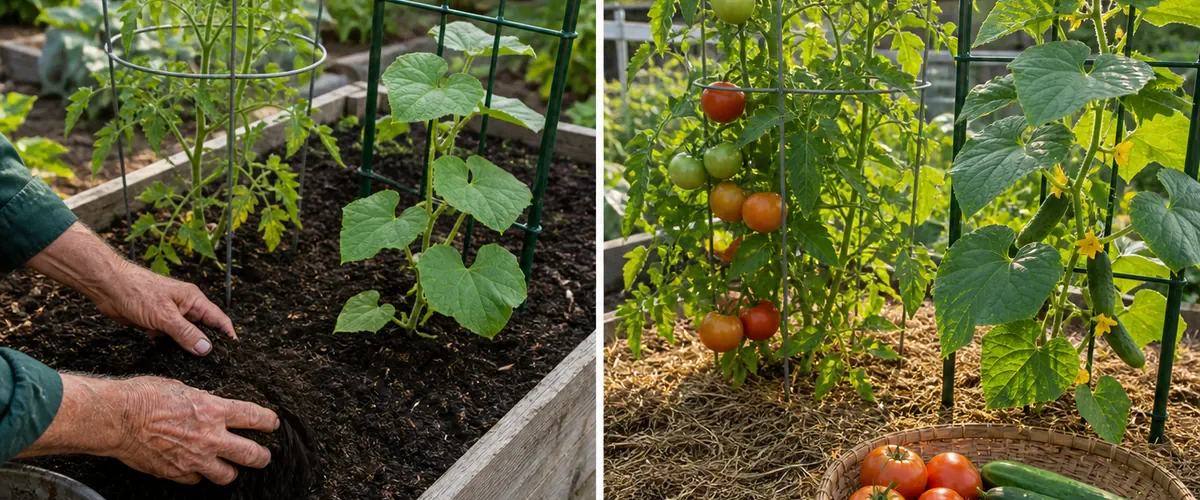 Photorealistic before-and-after vegetable garden with older hands adding mature compost and installing separate supports for tomato and cucumber seedlings before healthy staked tomatoes and trellised cucumbers carry a believable basket-sized harvest