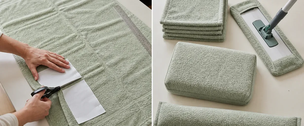 Photorealistic before-and-after craft table with a hand cutting a clean faded towel using a paper template before four neatly finished items appear: cleaning cloths, fitted mop pad, kneeling cushion, and draft stopper