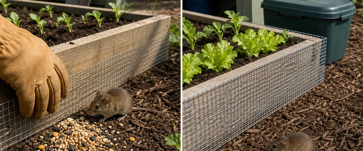 Photorealistic before-and-after raised bed with a realistic small mouse beside spilled seed and a gloved hand installing quarter-inch hardware cloth before the clean bed is securely protected and the live mouse remains outside the barrier
