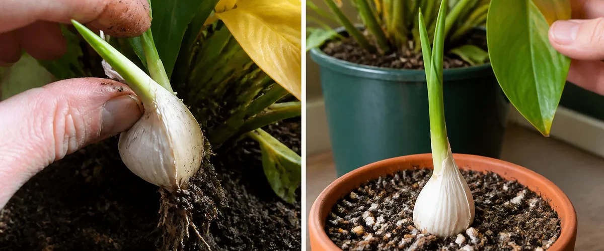 Photorealistic before-and-after houseplant scene with a hand removing a sprouting garlic clove from crowded wet potting mix before the garlic grows separately in a draining pot and the original plant receives correct pest inspection