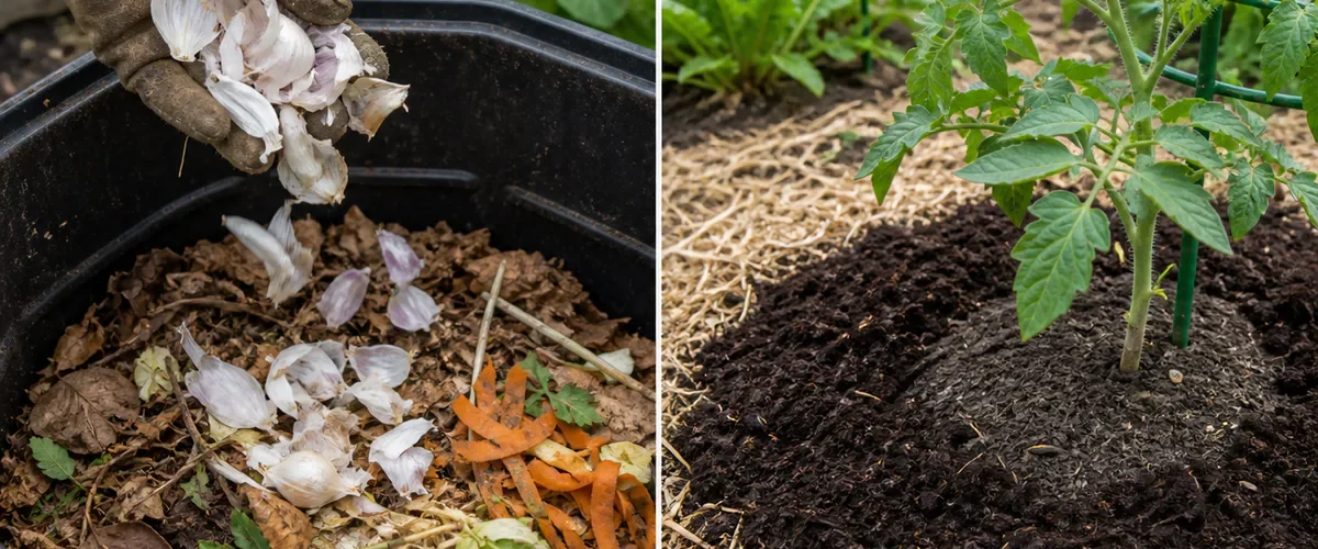 Photorealistic before-and-after compost scene with a gloved hand adding clean dry papery garlic peels to a balanced outdoor compost bin before dark finished compost is spread thinly around a healthy established garden plant