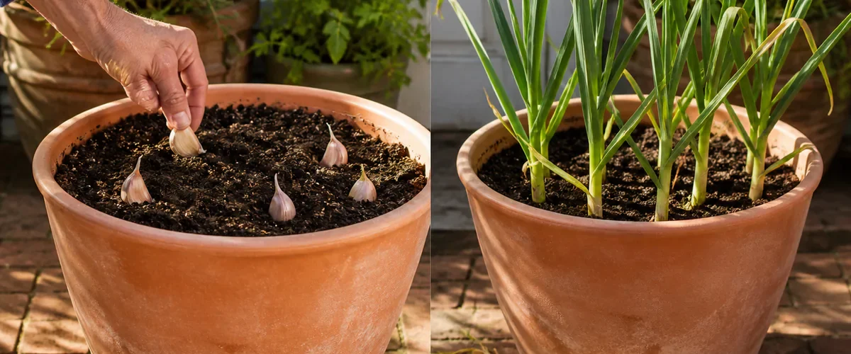 Photorealistic before-and-after sunny patio with a hand planting large garlic cloves point up in a deep wide draining pot before the same container later holds mature plants beside a believable harvest of cured garlic bulbs