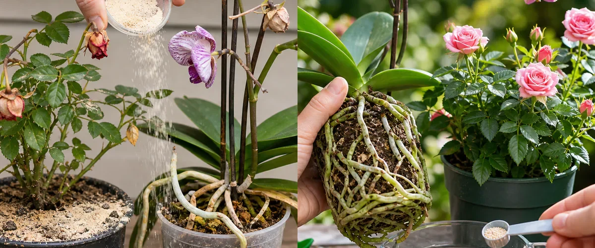 Photorealistic before-and-after plant feeding with a hand sprinkling garlic powder that forms a damp crust on weak rose and orchid pots before checking roots and applying a precisely measured complete fertilizer to healthy flowering plants