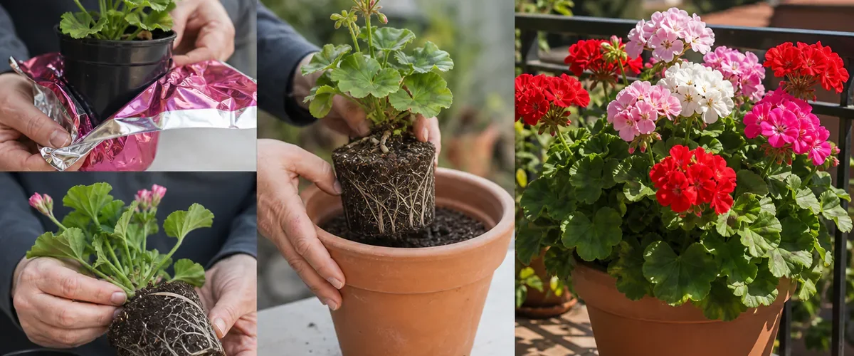 Photorealistic before-and-after new geranium care with a hand removing water-trapping gift foil and inspecting crowded roots before repotting into a slightly larger draining terracotta pot and later revealing many realistic colorful flowers