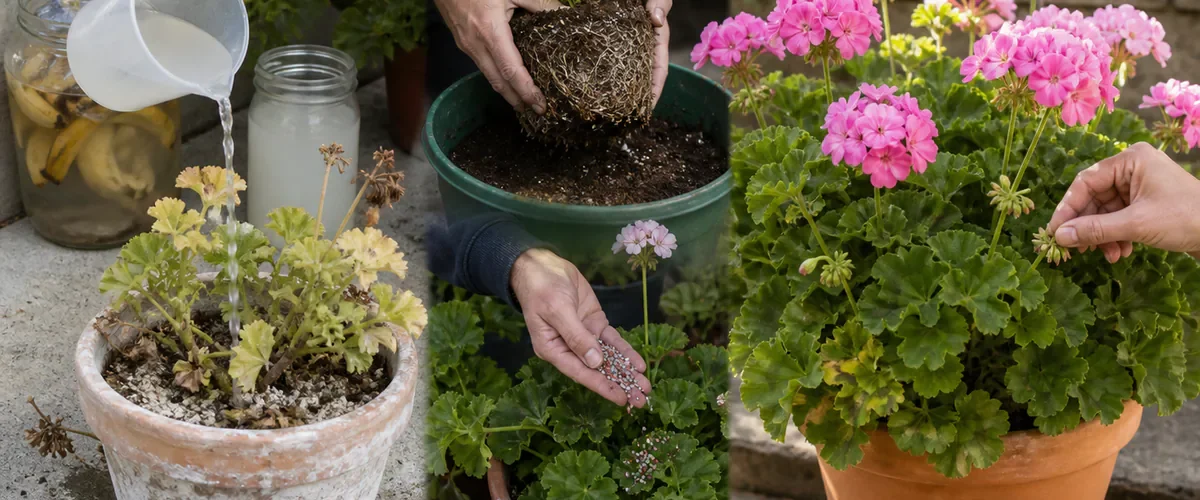 Photorealistic before-and-after geranium recovery with a hand adding baking soda water to a pale crusted pot before flushing or repotting and later feeding a sunny well-drained geranium that carries many realistic pink flowers