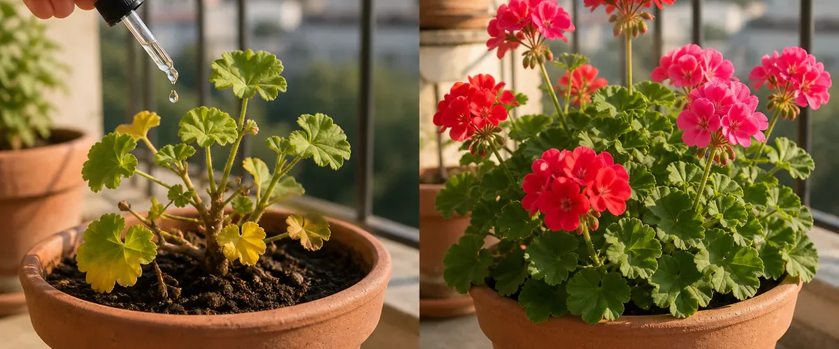 Photorealistic before-and-after balcony geranium with a hand holding a clear dropper above a sparse plant before the same terracotta pot holds healthy green foliage and natural red and pink blooms