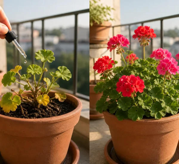 Photorealistic before-and-after balcony geranium with a hand holding a clear dropper above a sparse plant before the same terracotta pot holds healthy green foliage and natural red and pink blooms