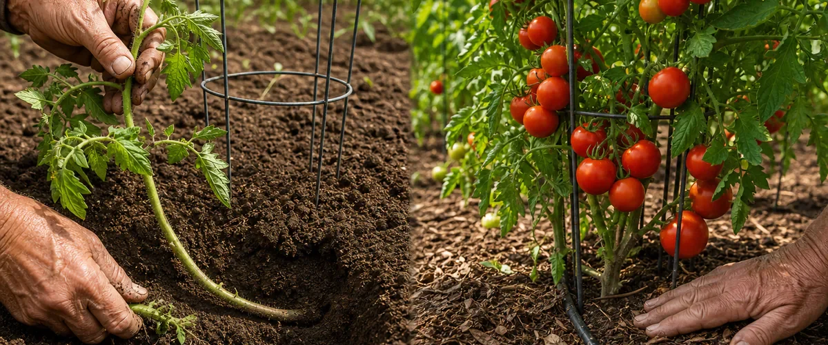 Photorealistic before-and-after tomato garden with older hands laying a leggy bare stem into a shallow trench before the deeply rooted supported plant carries a generous realistic harvest beside mulch and drip watering