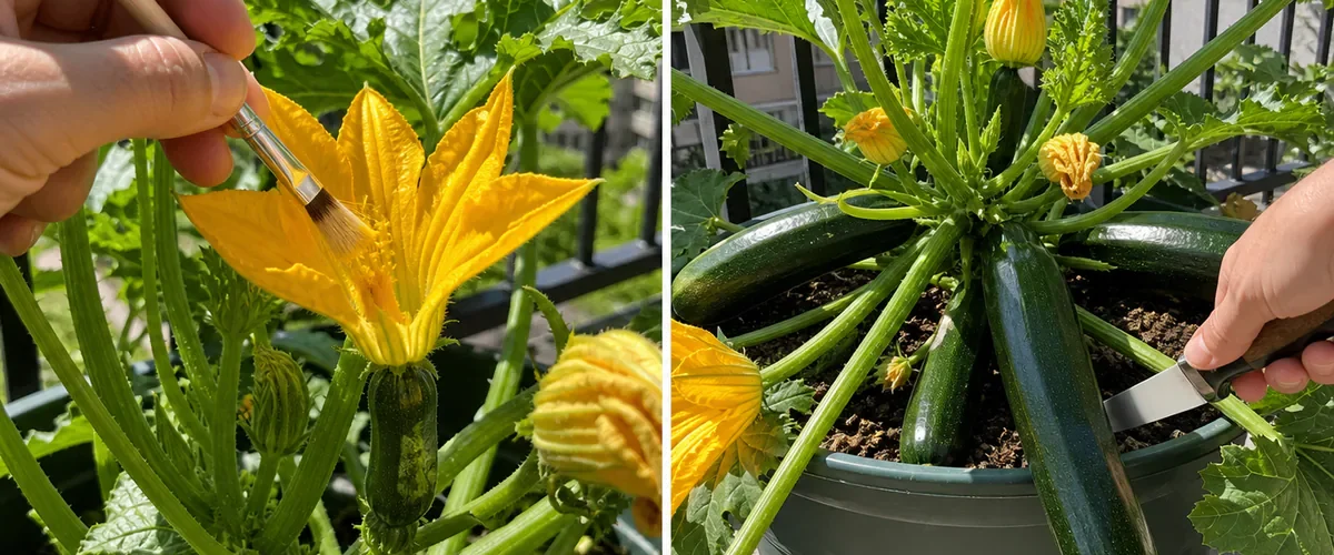 Photorealistic before-and-after potted zucchini with a hand transferring pollen between accurate yellow flowers before the same large balcony pot carries several fruit and one is cut cleanly