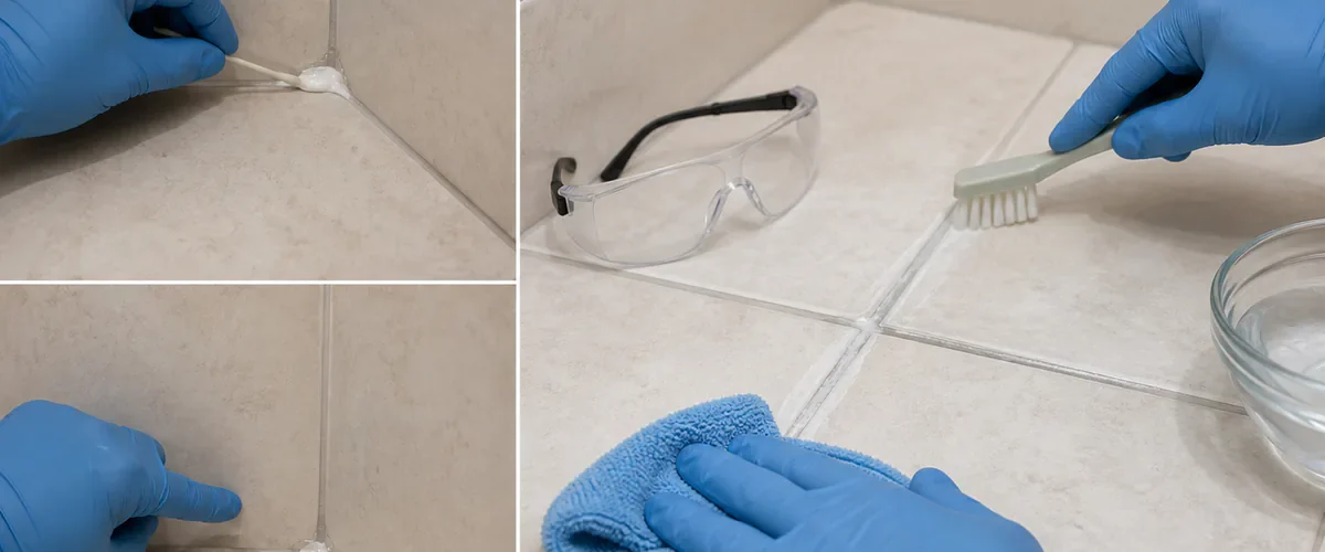 Photorealistic before-and-after grout cleaning with a gloved hand testing baking soda and 3 percent peroxide paste in one hidden ceramic tile corner before gently wiping and rinsing visibly brighter grout lines