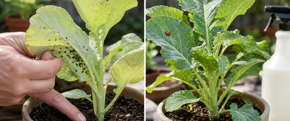 Photorealistic before-and-after garden bench with a hand checking damp soil and visible aphids beneath a pale plant leaf before a modest healthy plant grows beside a clearly labeled plant-care bottle and a lady beetle on a separate leaf