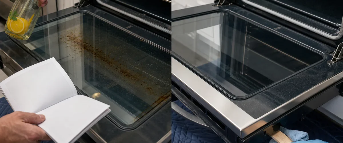 Photorealistic before-and-after oven door with greasy streaks trapped between double glass while a hand pauses with strong spray and checks the manual before safely using a microfiber-wrapped wooden tool through an approved opening