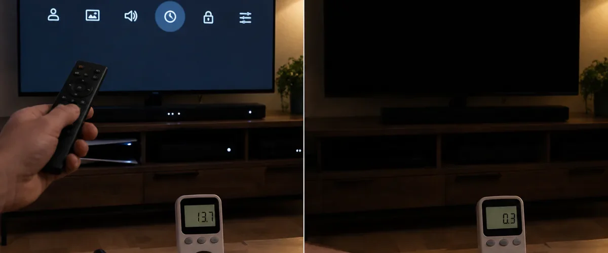Photorealistic before-and-after living room with a hand opening a smart television power menu showing quick-start icons before the black screen is fully asleep beside a plug-in energy meter with a lower reading