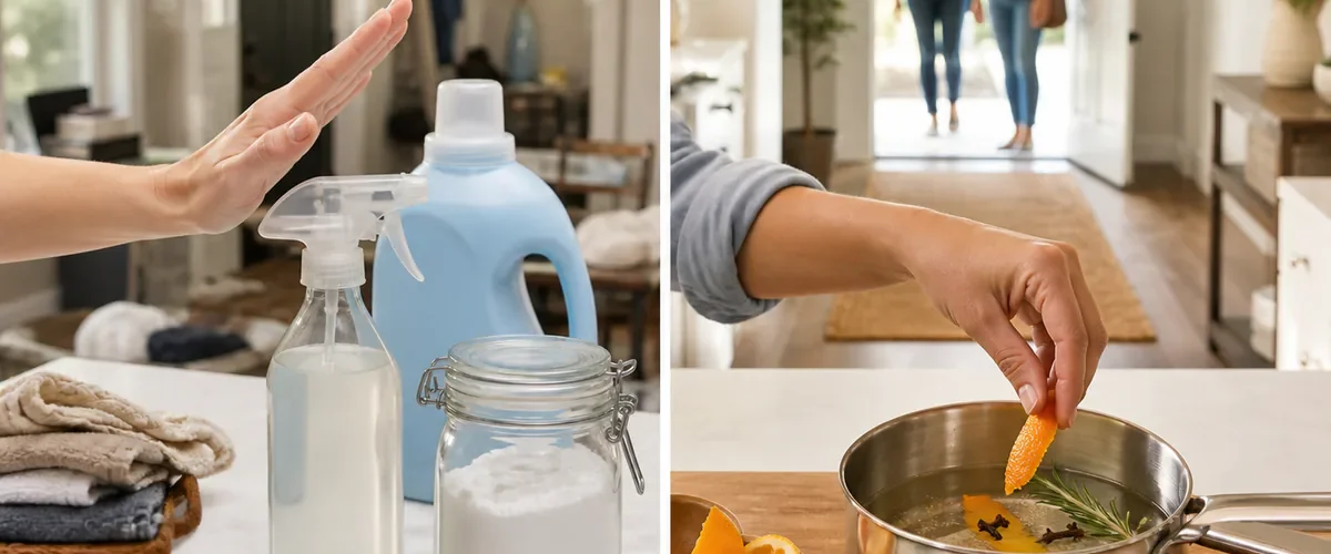 Photorealistic before-and-after kitchen with a hand setting aside a fabric-softener spray before adding citrus peel rosemary and cloves to warm water and the clean inviting room feels naturally fresh
