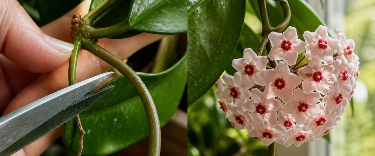 Photorealistic before-and-after hoya pruning with a hand stopping scissors beside an old living peduncle before the same spur carries a realistic cluster of waxy star-shaped flowers