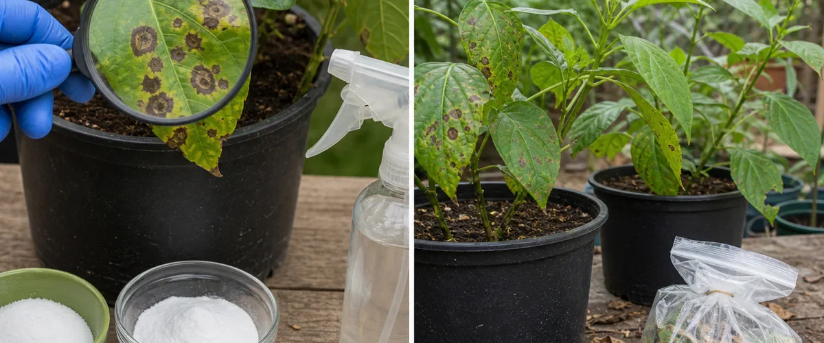 Photorealistic before-and-after plant clinic scene with a gloved hand inspecting a spotted leaf through a magnifier beside three unmarked kitchen ingredients before improved airflow and careful removal protect believable clean new leaves
