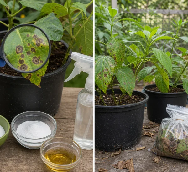 Photorealistic before-and-after plant clinic scene with a gloved hand inspecting a spotted leaf through a magnifier beside three unmarked kitchen ingredients before improved airflow and careful removal protect believable clean new leaves