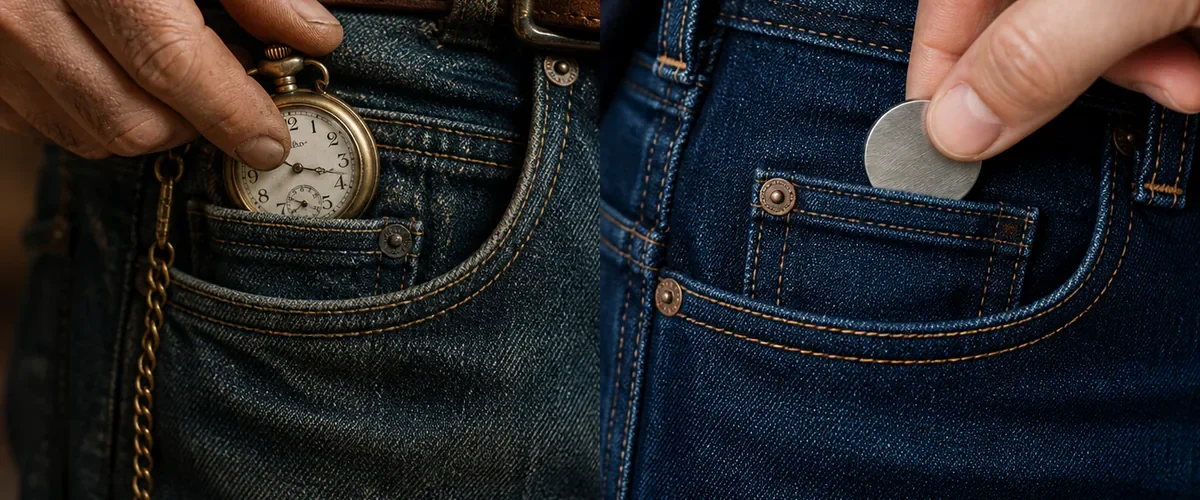 Photorealistic before-and-after close view of classic blue jeans with a hand placing a vintage pocket watch and chain into the tiny fifth pocket before a modern hand safely uses the same pocket for one smooth token